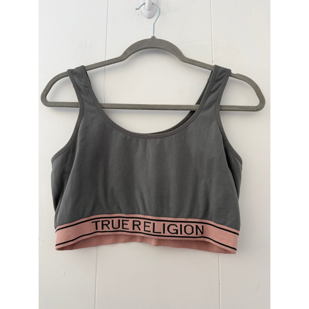 True Religion Womens XL Gray Pink Logo Elastic Band Stretch Sports Bra Bralette